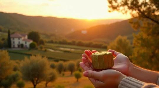 Paysage provençal avec champs d'oliviers, vignobles et tradition agricole, symbolisant la défense du patrimoine par l'achat d'un produit AOP