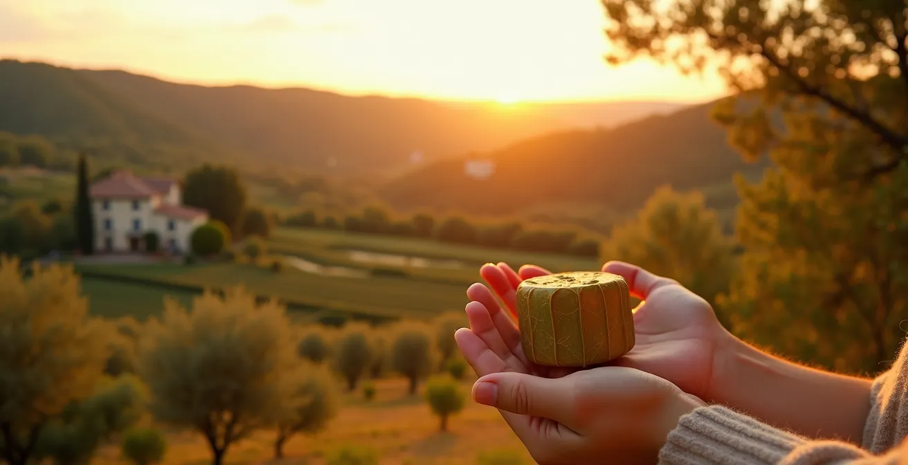 Paysage provençal avec champs d'oliviers, vignobles et tradition agricole, symbolisant la défense du patrimoine par l'achat d'un produit AOP