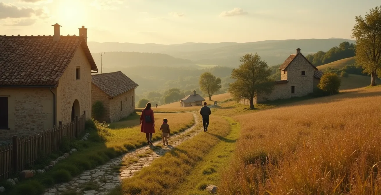 Village provençal paisible niché dans l'arrière-pays avec champs agricoles et nature préservée
