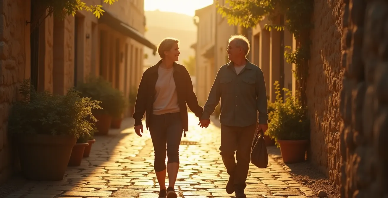 Voyageur déambulant dans un village provençal paisible hors saison, échangeant avec un artisan local dans une atmosphère authentique et chaleureuse.