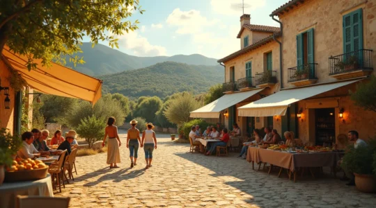 Paysage provençal typique avec un village ancien, champs d'oliviers et scène de vie locale en plein air
