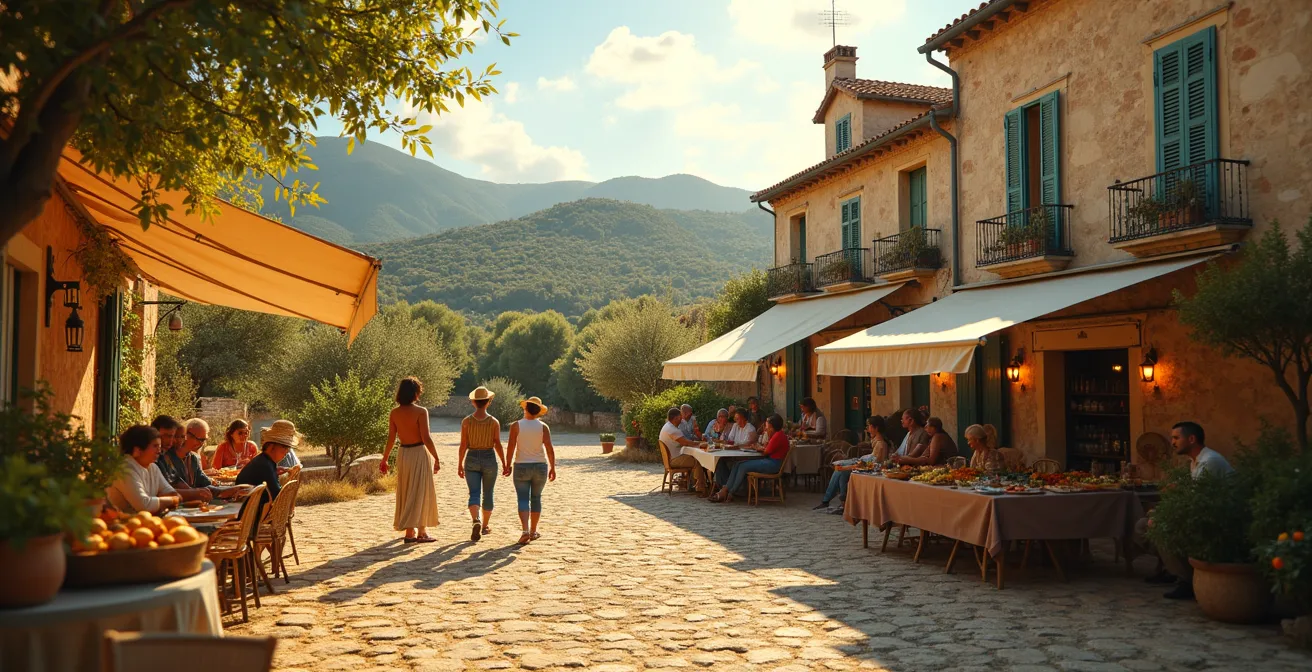 Paysage provençal typique avec un village ancien, champs d'oliviers et scène de vie locale en plein air