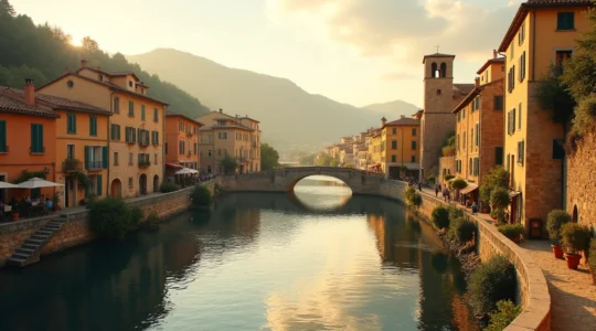 Vue panoramique d'un village perché provençal avec vue sur des ruelles, façades ocres typiques et paysage méditerranéen au bord d'une rivière