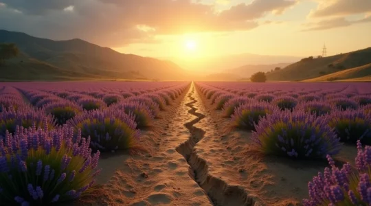 Paysage provençal montrant à la fois une beauté naturelle éblouissante et des signes de dégradation environnementale comme l'érosion ou la pollution lumineuse.