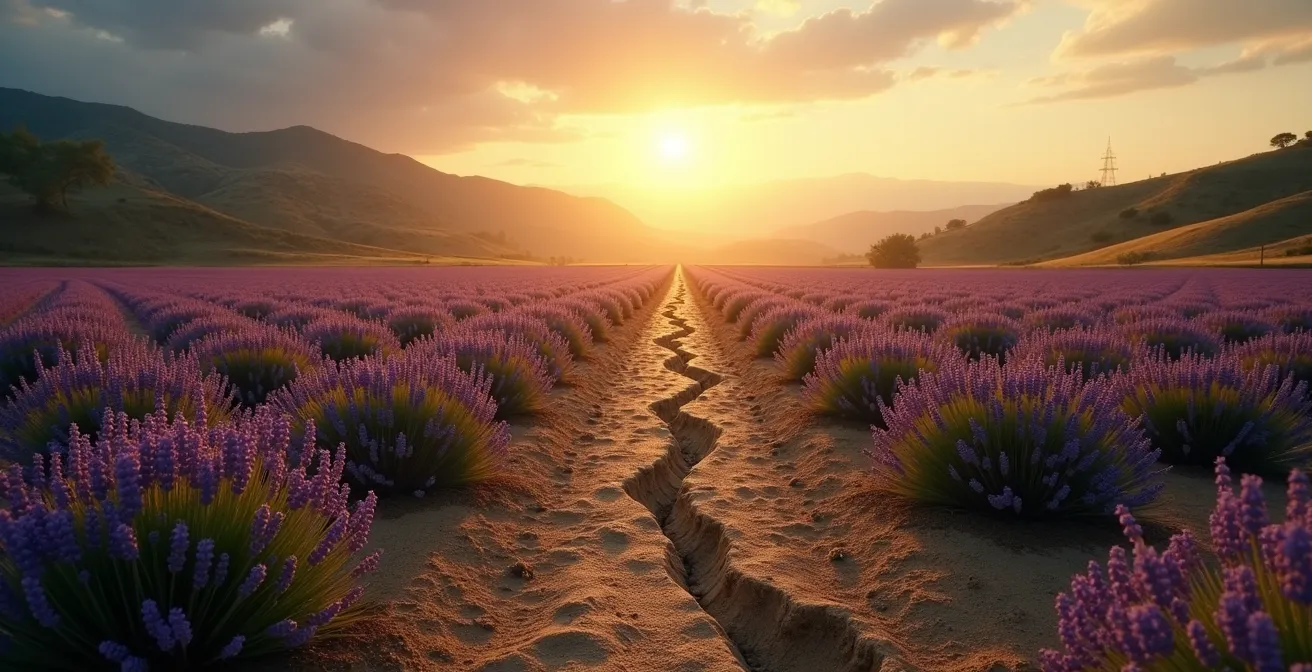Paysage provençal montrant à la fois une beauté naturelle éblouissante et des signes de dégradation environnementale comme l'érosion ou la pollution lumineuse.