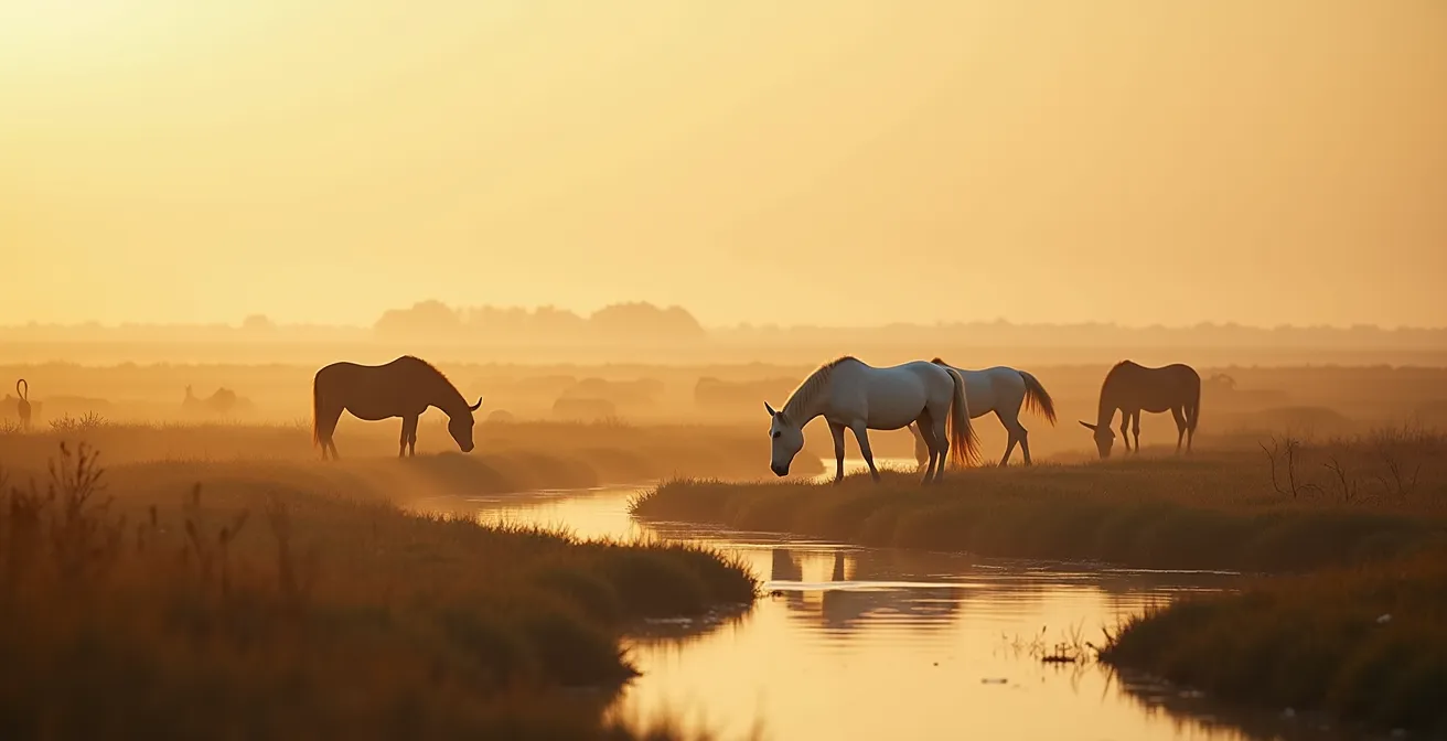 Paysage naturel emblématique de la Camargue avec ses chevaux blancs, ses taureaux, ses étangs et une lumière dorée au coucher du soleil