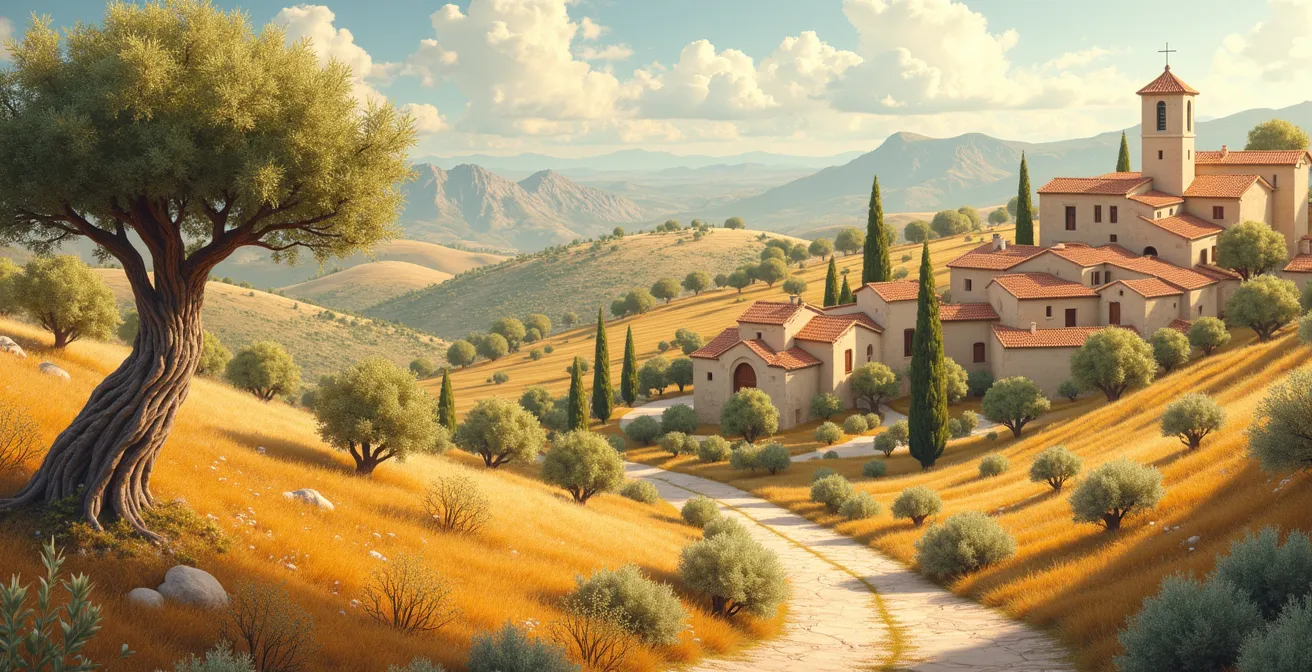 Carte gastronomique illustrée de la Provence mettant en avant l'olive et l'abricot avec des icônes culinaires et paysages typiques