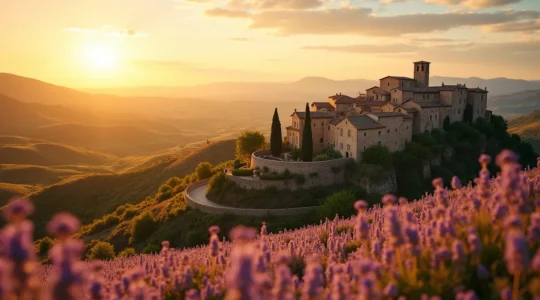 Paysage panoramique du Lubéron avec villages perchés en pierre, champs de lavande, collines baignées de lumière dorée du coucher de soleil en Provence