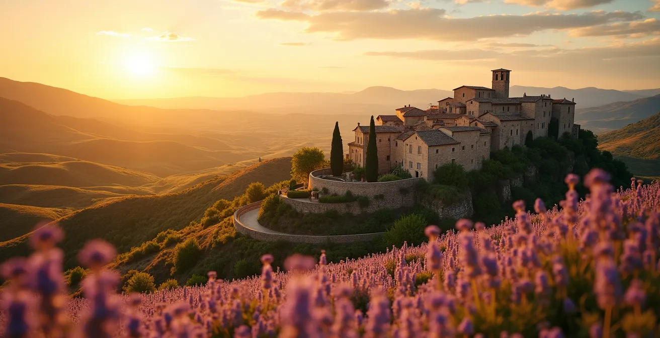 Paysage panoramique du Lubéron avec villages perchés en pierre, champs de lavande, collines baignées de lumière dorée du coucher de soleil en Provence