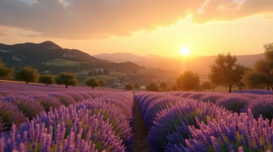 Paysage typique de la Drôme provençale avec champs de lavande, oliviers, collines et lumière dorée du soleil couchant