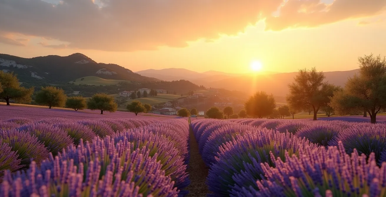 Paysage typique de la Drôme provençale avec champs de lavande, oliviers, collines et lumière dorée du soleil couchant