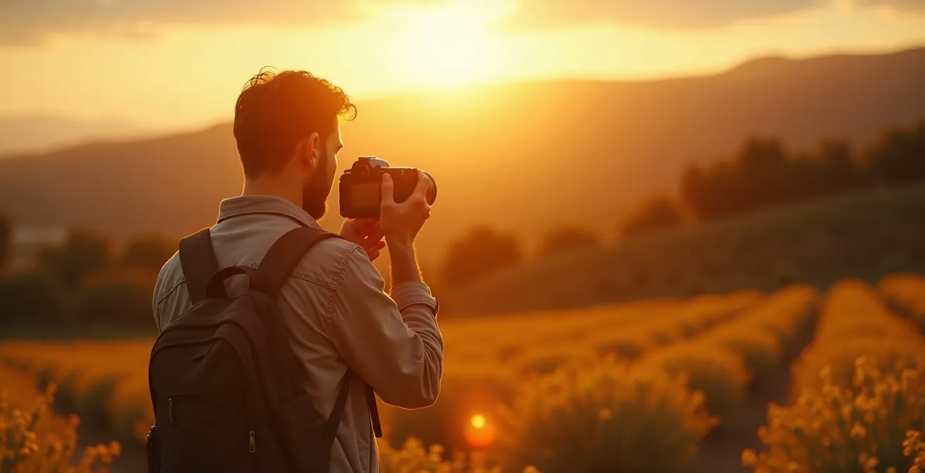 Scène conceptuelle montrant une personne prenant une photo dans un paysage provençal, tandis que ses souvenirs s’estompent en arrière-plan flou