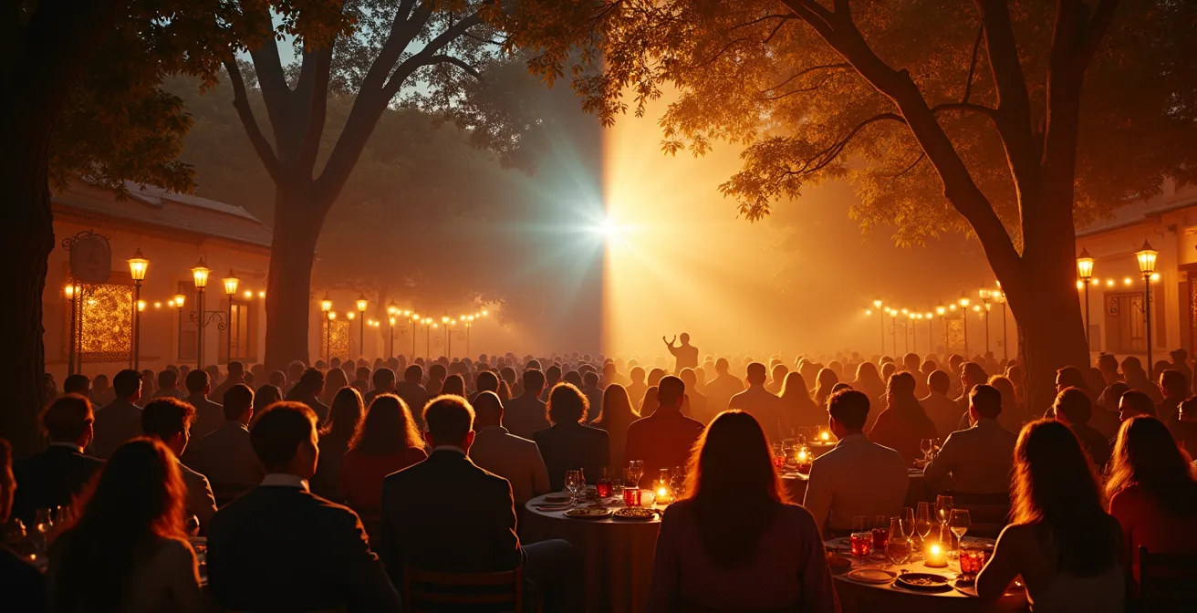 Image symbolique montrant une scène de théâtre en plein air à Avignon contrastée avec une fête votive traditionnelle conviviale en Provence
