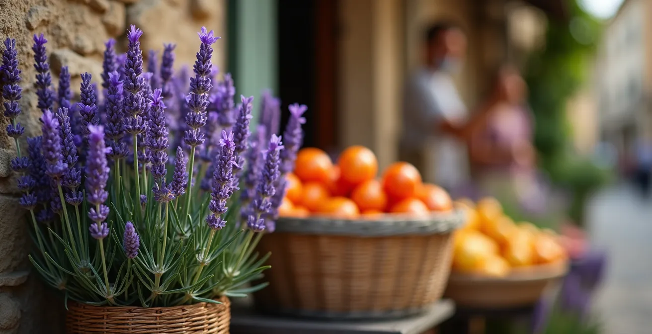 Plan rapproché sur des éléments sensoriels provençaux : une main touchant un mur en pierre sèche, des fleurs de lavande et un marché provençal coloré