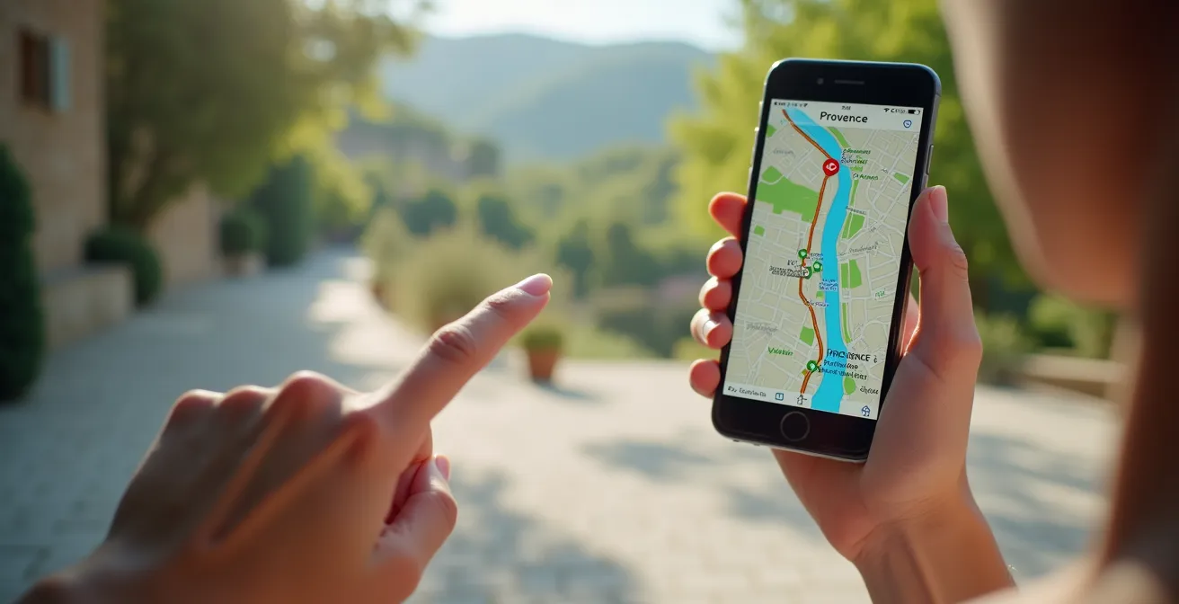 Un smartphone affichant une carte touristique officielle, avec un doigt pointant vers une petite route blanche non marquée menant à un village caché dans les collines.