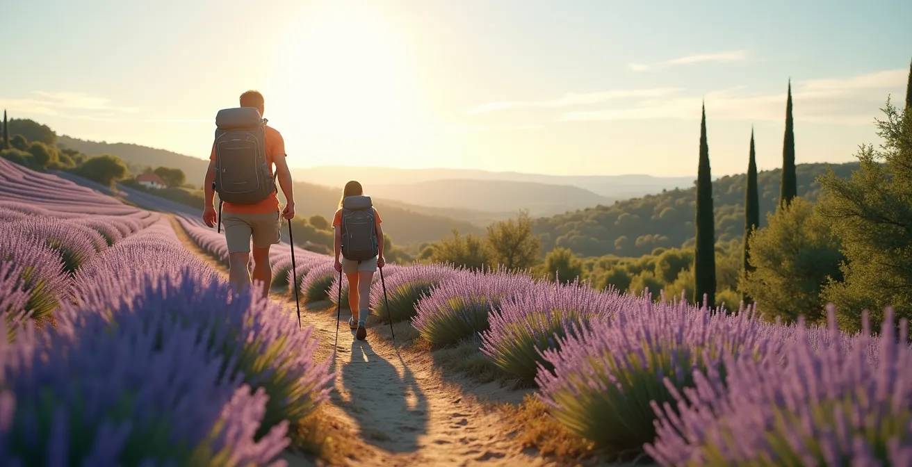 Paysage provençal naturel avec randonneurs respectant la nature et champs agricoles