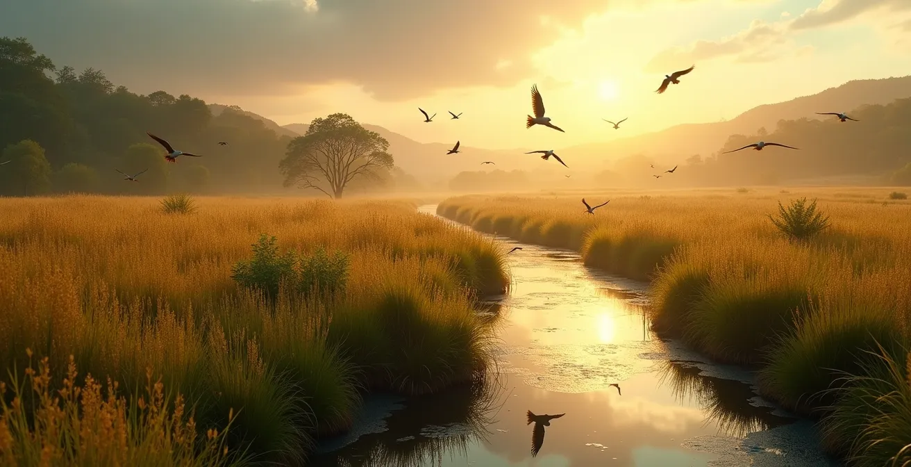 Paysage naturel de la Crau avec biodiversité, oiseaux en vol et prairies de foin, symbolisant la protection écologique par l'AOP