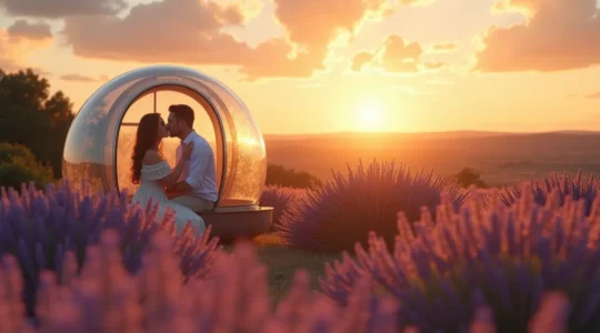 Couple romantique dans une bulle transparente au coucher du soleil en Provence, entouré de champs de lavande et nature paisible