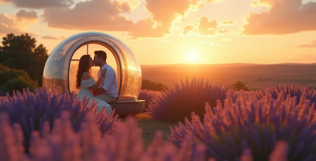 Couple romantique dans une bulle transparente au coucher du soleil en Provence, entouré de champs de lavande et nature paisible
