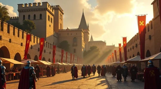 Vue panoramique du Palais des Papes à Avignon avec une scène médiévale incluant chevaliers et nobles, évoquant le Moyen Âge en Provence