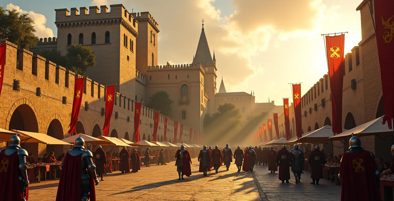 Vue panoramique du Palais des Papes à Avignon avec une scène médiévale incluant chevaliers et nobles, évoquant le Moyen Âge en Provence