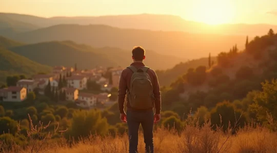 Voyageur solo en Provence au coucher de soleil avec vue sur village typique et paysages naturels