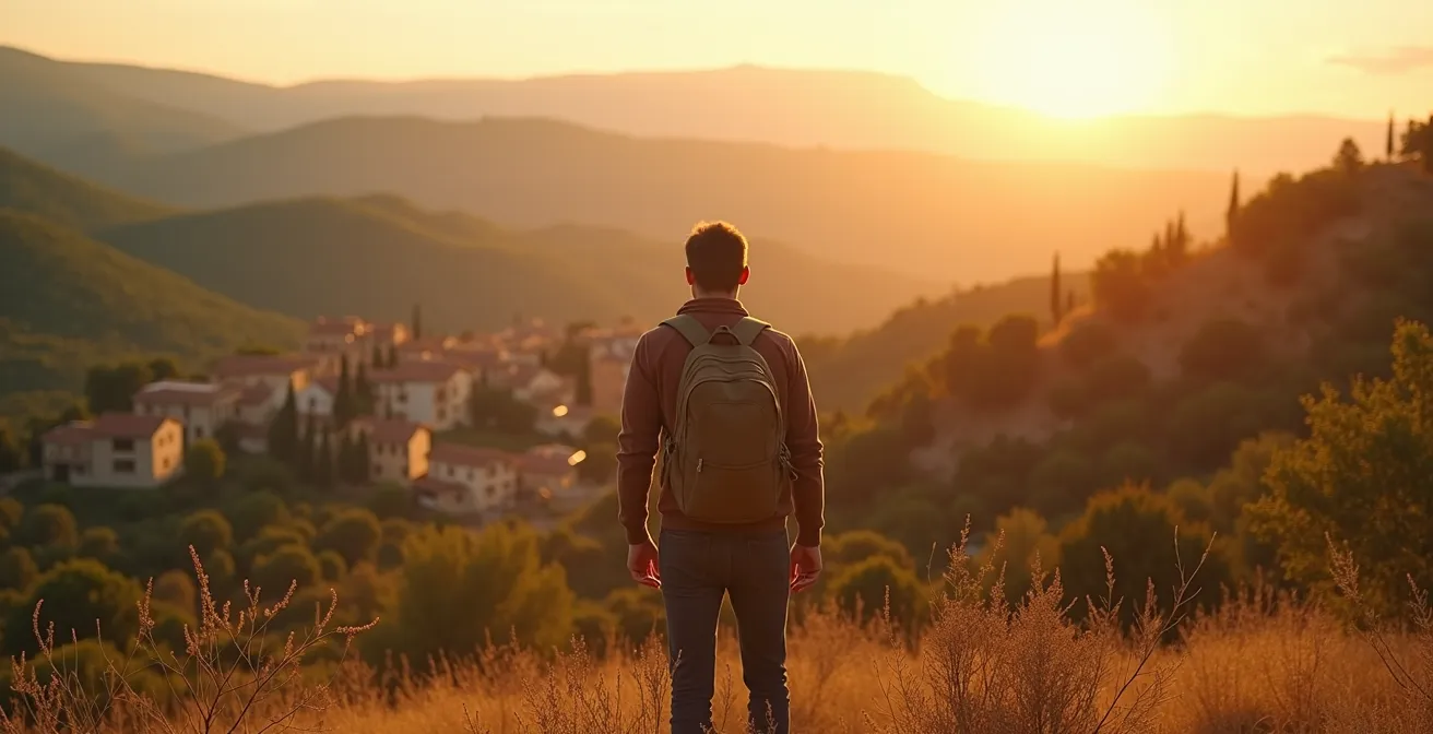 Voyageur solo en Provence au coucher de soleil avec vue sur village typique et paysages naturels