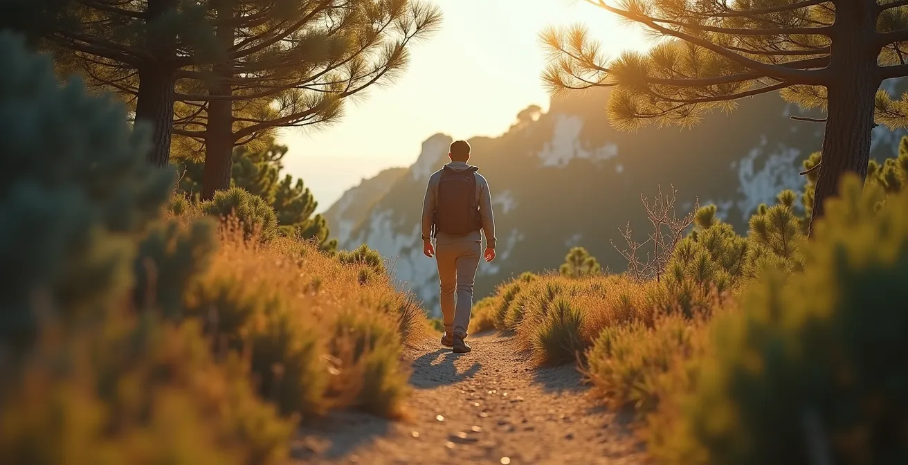 Randonneur respectueux de l'environnement marchant sur un sentier balisé des Calanques, avec une faune et une flore locales en arrière-plan.