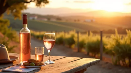 Panorama provençal avec rangs de vignes, bouteille de rosé posée sur une table rustique et collines au coucher de soleil
