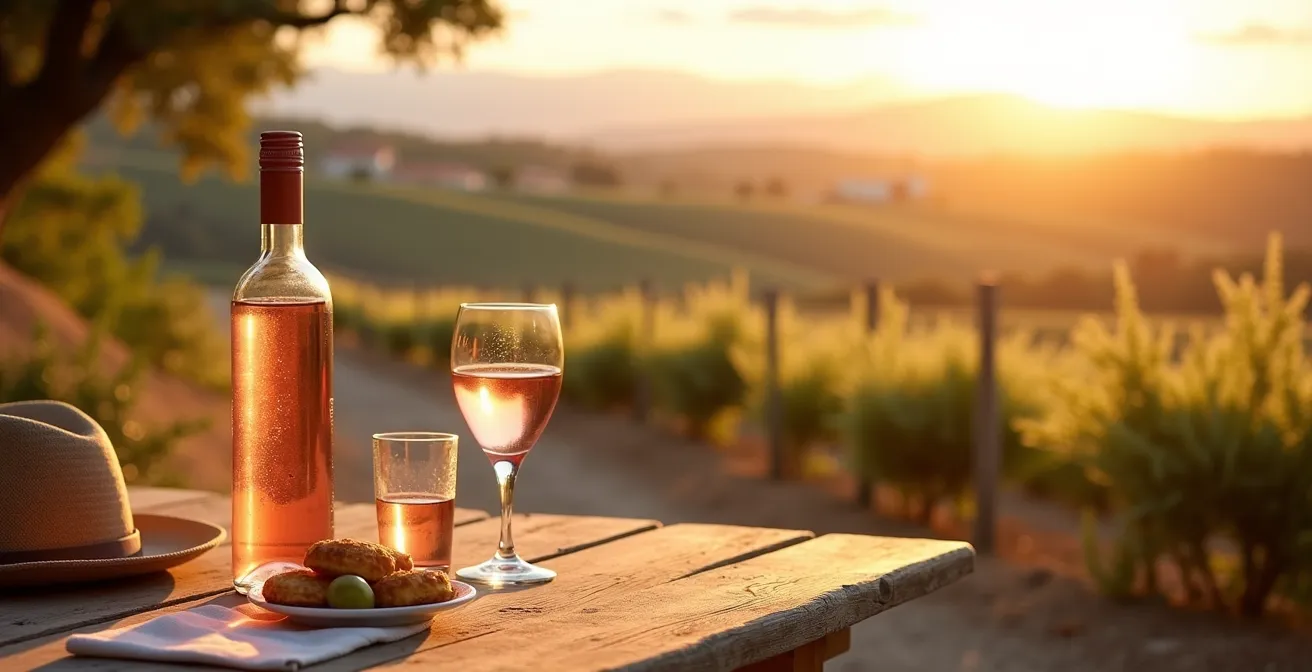 Panorama provençal avec rangs de vignes, bouteille de rosé posée sur une table rustique et collines au coucher de soleil