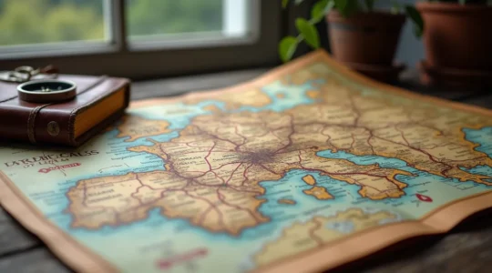 Une carte ancienne de Provence avec des routes surlignées en rouge, partiellement effacées par des chemins tracés à la main en bleu, symbolisant la liberté face aux itinéraires imposés.