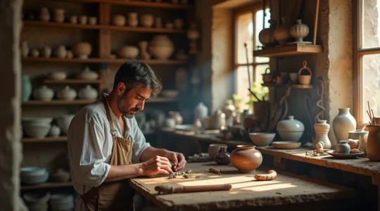 Artisan provençal au travail dans son atelier, entouré d'outils traditionnels et d'objets d'art uniques réinventés