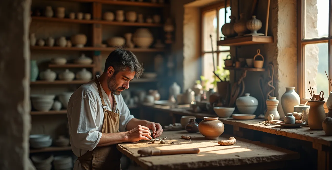 Artisan provençal au travail dans son atelier, entouré d'outils traditionnels et d'objets d'art uniques réinventés