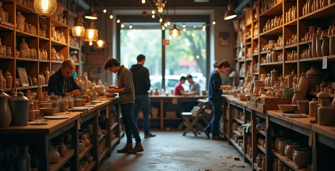 Photo réaliste d'un atelier d'artiste et d'un tiers-lieu culturel alternatif en Provence avec des visiteurs engagés