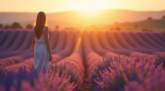 Un paysage provençal harmonieux avec un voyageur contemplant des champs de lavande sous un ciel doré au coucher du soleil, capturant la magie des souvenirs de voyage