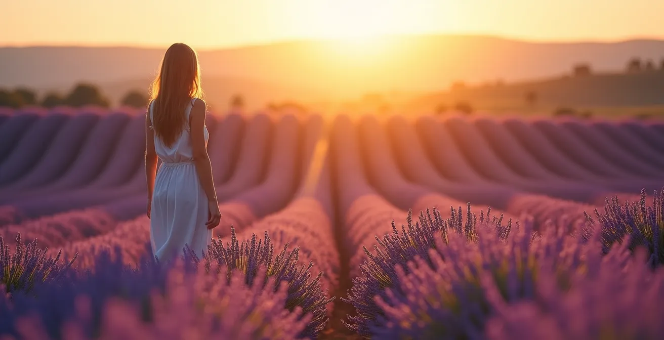 Un paysage provençal harmonieux avec un voyageur contemplant des champs de lavande sous un ciel doré au coucher du soleil, capturant la magie des souvenirs de voyage