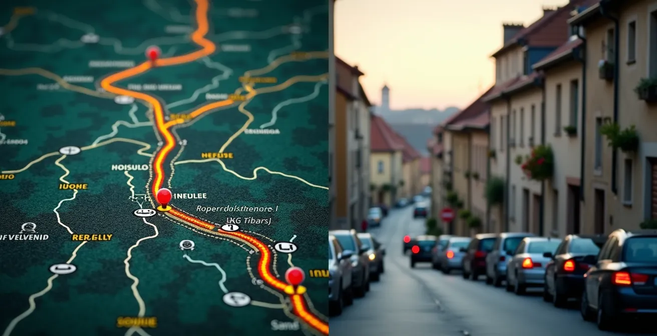 Comparaison visuelle entre un trajet GPS idéal et un trajet réel dans les routes sinueuses et villages avec stationnement difficile