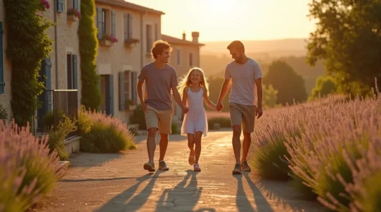 Famille souriante profitant d'un moment paisible dans un cadre provençal avec des paysages naturels, pierres anciennes et lumière douce.