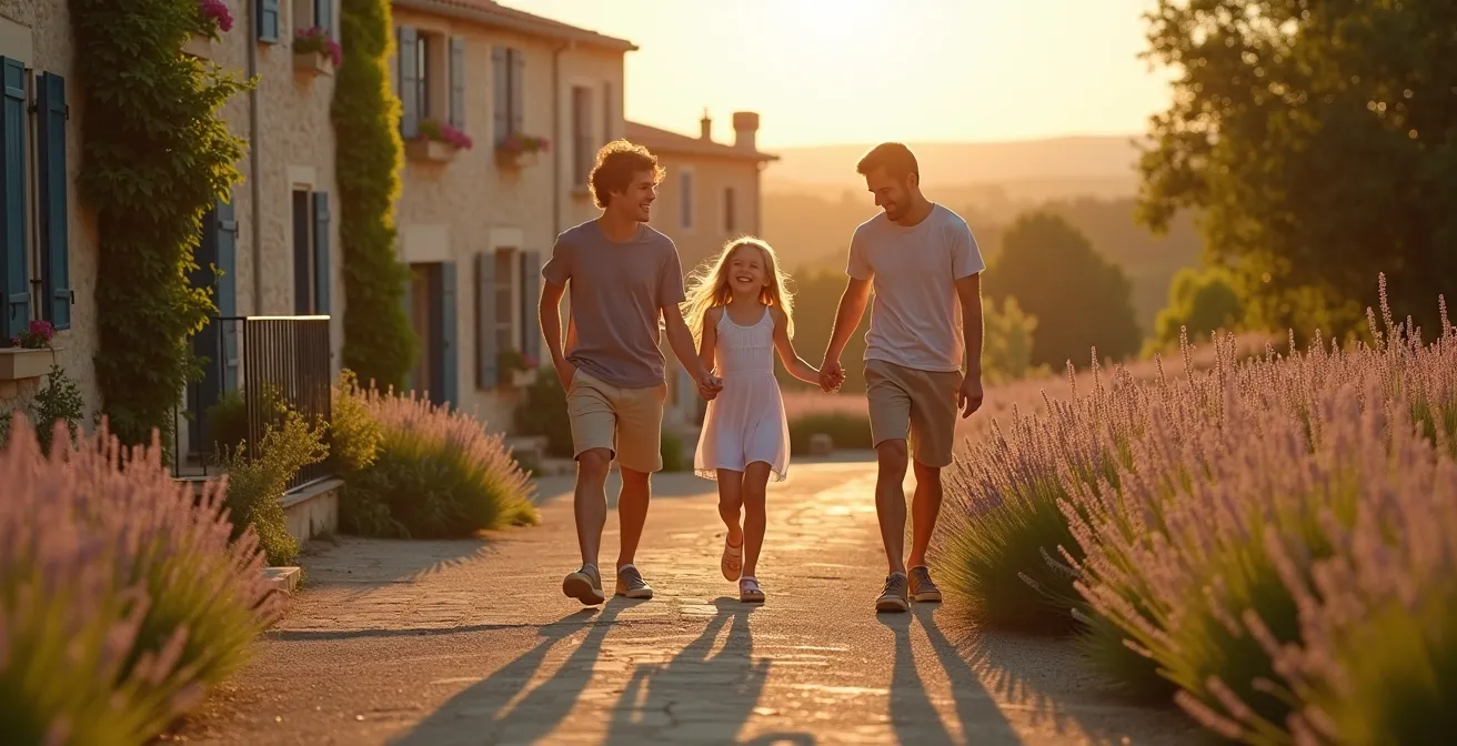 Famille souriante profitant d'un moment paisible dans un cadre provençal avec des paysages naturels, pierres anciennes et lumière douce.