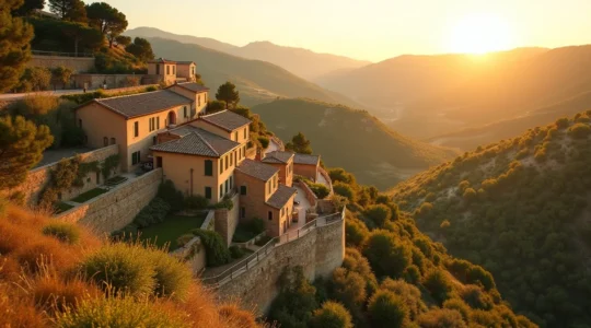 Paysage panoramique emblématique de la Provence avec villages typiques du Luberon au coucher du soleil