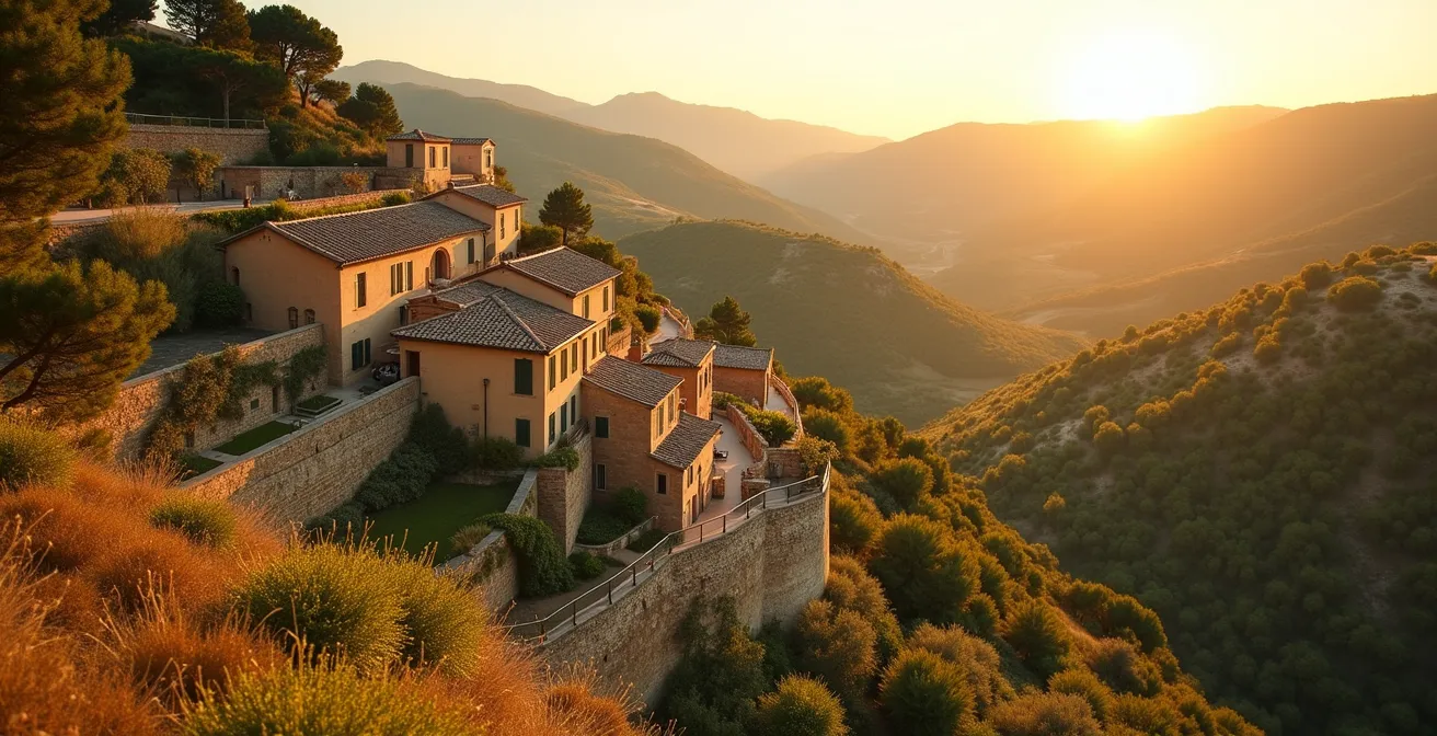 Paysage panoramique emblématique de la Provence avec villages typiques du Luberon au coucher du soleil