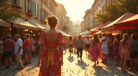 Vue panoramique colorée d'un festival culturel en Provence montrant des spectacles en plein air, des marchés locaux et des visiteurs passionnés