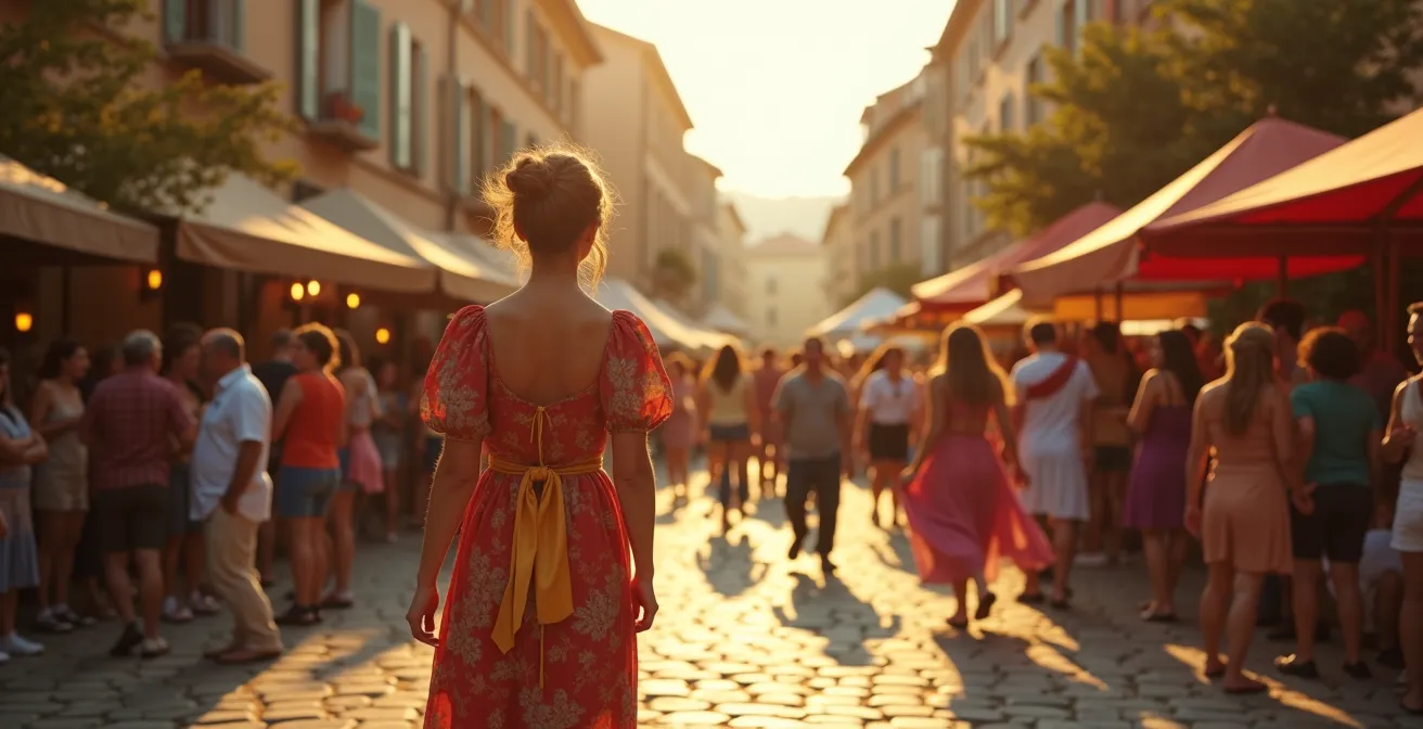 Vue panoramique colorée d'un festival culturel en Provence montrant des spectacles en plein air, des marchés locaux et des visiteurs passionnés