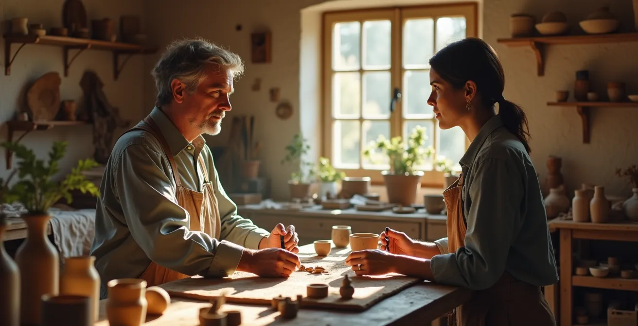 Visiteur échangeant avec un artisan dans un atelier provençal traditionnel, entouré d’outils et matériaux naturels.