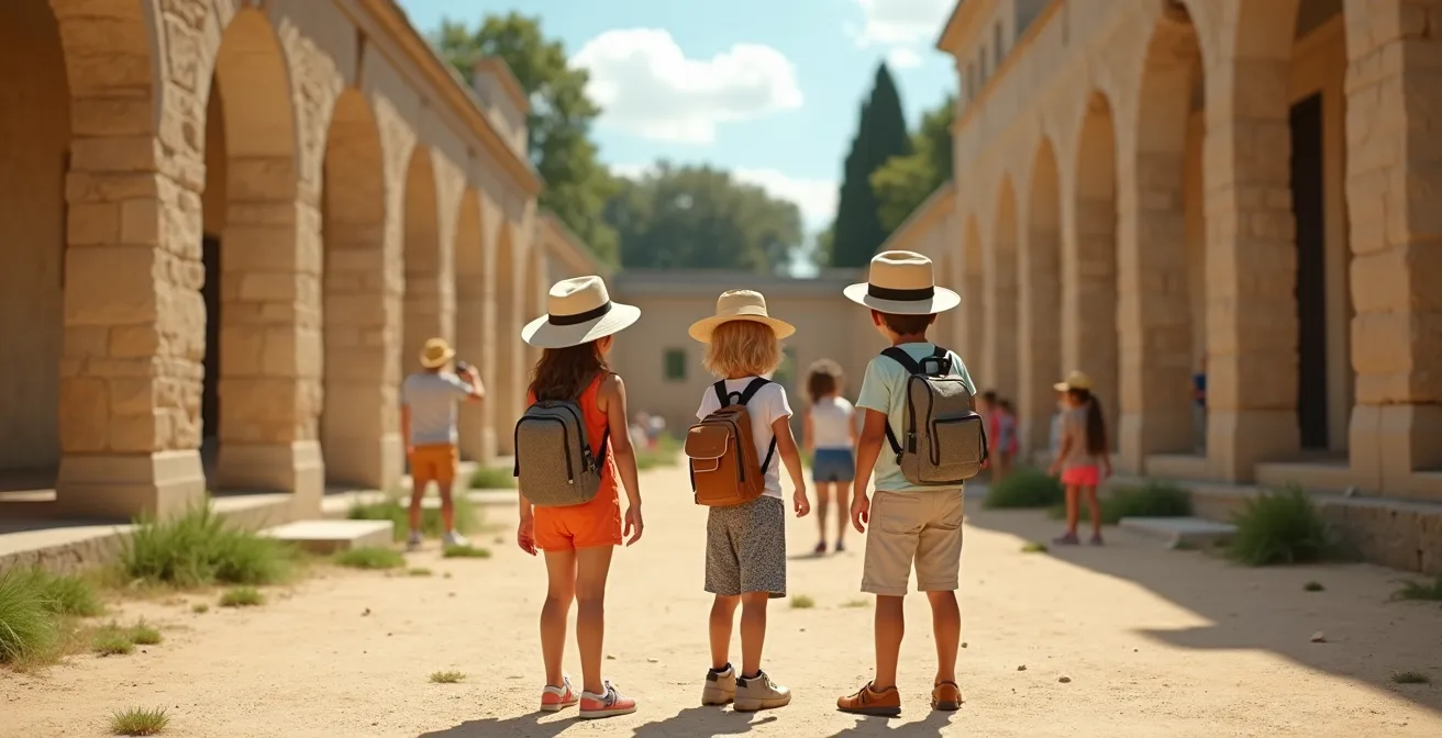 Enfants en visite ludique à Arles, explorant les ruines romaines avec un guide interactif et jouant un jeu de piste dans un décor antique.