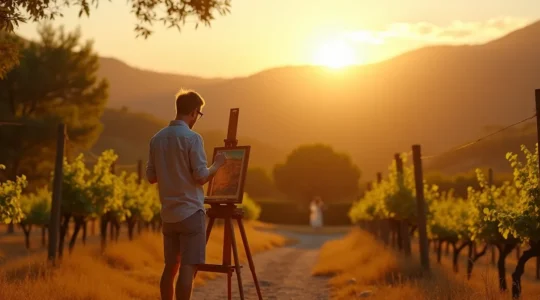 Scène en Provence montrant un paysage baigné de lumière naturelle douce avec un artiste peignant en plein air, entouré de collines, vignobles et ciel clair