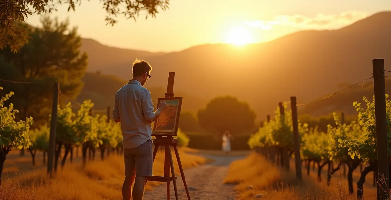 Scène en Provence montrant un paysage baigné de lumière naturelle douce avec un artiste peignant en plein air, entouré de collines, vignobles et ciel clair