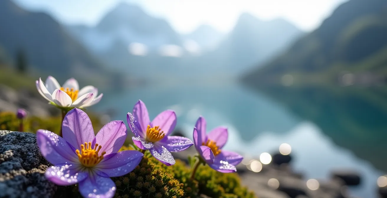 Lac d'altitude cristallin dans le parc du Mercantour entouré de sommets alpins et de prairies fleuries en été