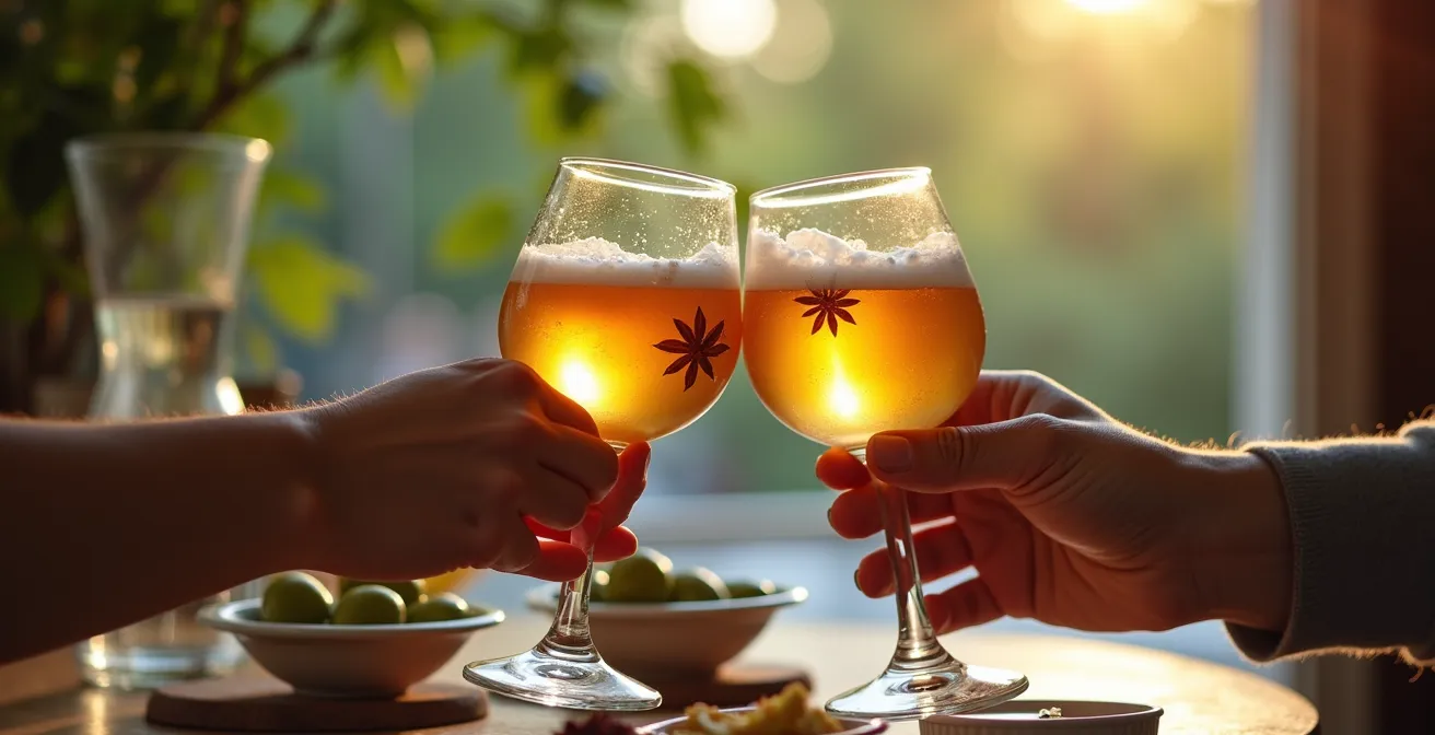 Apéritif provençal sur une terrasse ombragée avec verres de pastis et olives