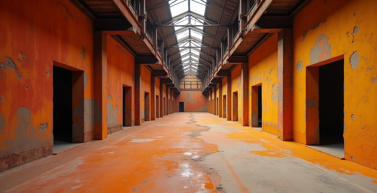 Ancienne usine d'ocre du Roussillon reconvertie avec ses structures métalliques et ses murs colorés